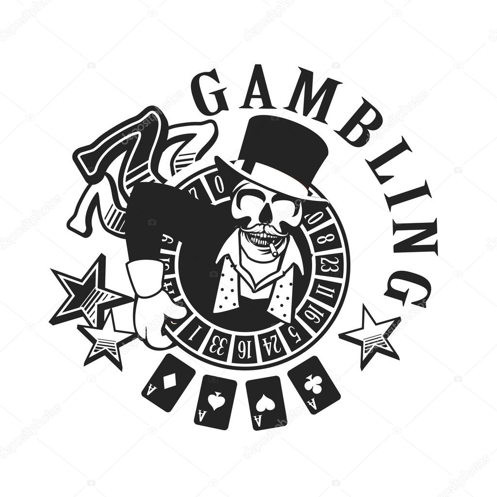 Vector emblem azarntny player, the spirit of good luck in the background poboedy attributes and in the casino win black and white