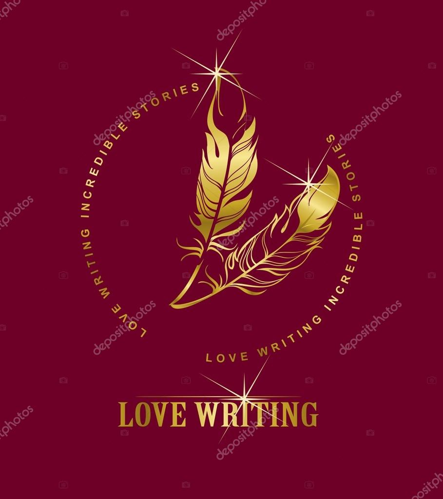 Vector emblem golden pen writing on a burgundy background, Marsala