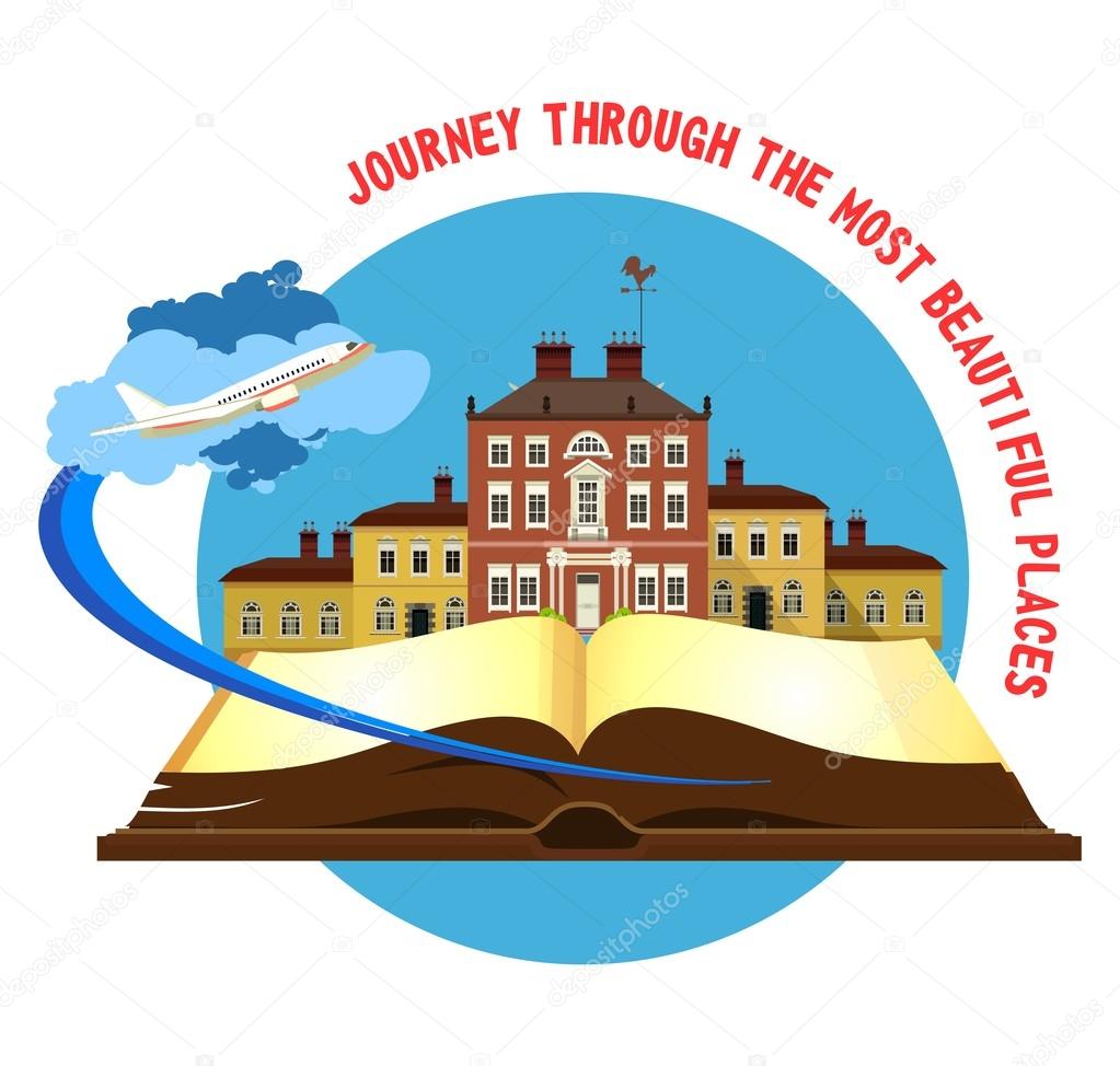 Vector illustration round emblem of the beautiful old castle on a background of an open book airplane taking off