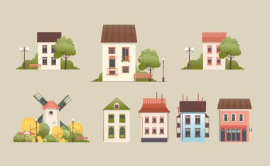 İki katlı bir evin vektör çizimi. Arka planda retro tarzı bir fener olan küçük bir avlu ağacı bankı.