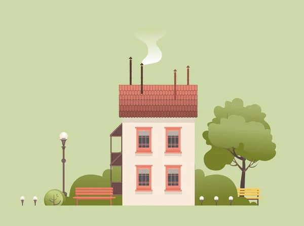 Ilustrație Vectorială Unei Case Două Etaje Bancă Mică Copaci Din — Vector de stoc