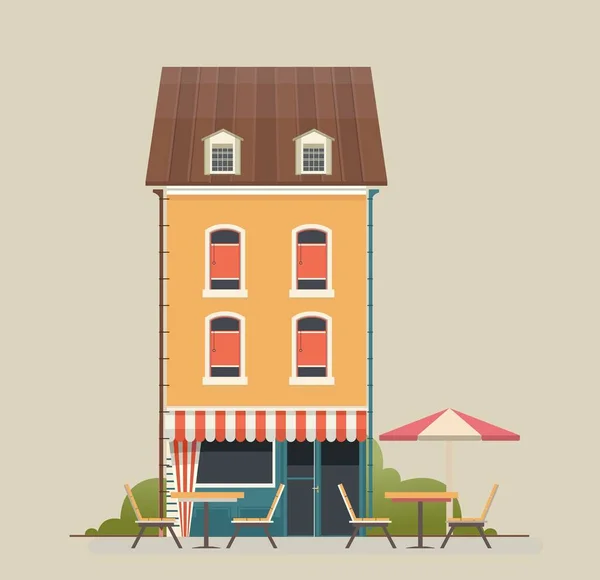 在一楼有商店或咖啡馆的小房子在院子里的伞下有一张有长椅的桌子 — 图库矢量图片