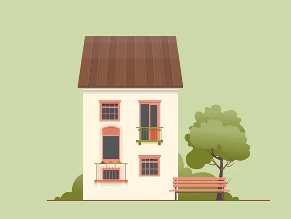 Vector illustration of a two-storey house with a small courtyard trees bench with a lantern in retro style on a plain background — Stock Illustration Vector Illustration Two Storey House Small Courtyard Trees Bench Lantern Stock Vector