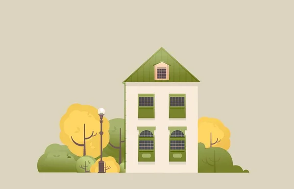 Vector illustration of a two-storey house with a small courtyard trees bench with a lantern in retro style on a plain background — Stock Illustration Vector Illustration Two Storey House Small Courtyard Trees Bench Lantern Vector Graphics