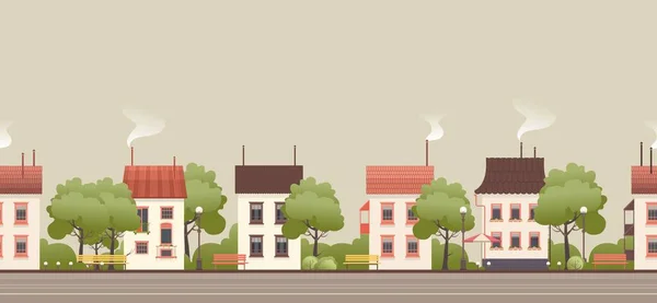 Векторная Иллюстрация Улицы Небольшими Уютными Домами Дворами Деревьями — стоковый вектор