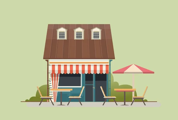Vector illustration a small house with a shop or cafe on the ground floor Under an umbrella in the yard a table with a bench — Stock Illustration Vector Illustration Small House Shop Cafe Ground Floor Umbrella Yard Stock Vector