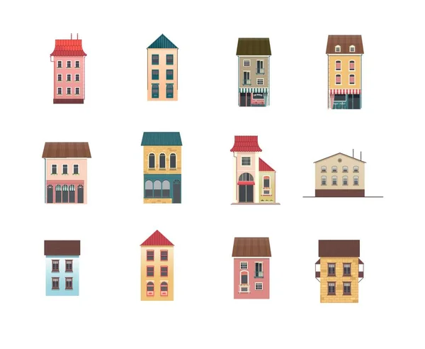 Set of vector icons of two-story houses with courtyards around the building in retro style — Stock Illustration Set Vector Icons Two Story Houses Courtyards Building Retro Style Royalty Free Stock Illustrations