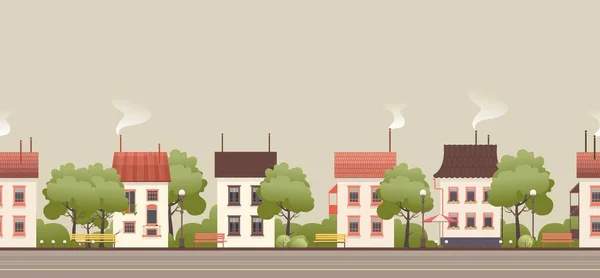 Vector illustration of a street with small cozy houses and courtyards with trees — Stock Illustration Vector Illustration Street Small Cozy Houses Courtyards Trees Stock Illustration
