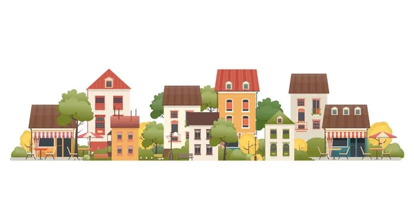 Vector illustration of a street with small cozy houses and courtyards with trees isolated on white background — Stock Illustration Vector Illustration Street Small Cozy Houses Courtyards Trees Isolated White Royalty Free Stock Illustrations