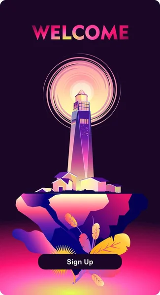 水平ベクトル図 概念的なバナー 危険区域への夜の灯台ビームポイント 通過船の安全なナビゲーション — ストックベクタ
