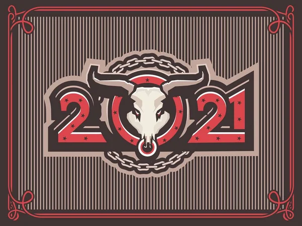 中国の干支 牛の年 動物の頭の水平レトロなポスターと年の数からの概念図 — ストックベクタ