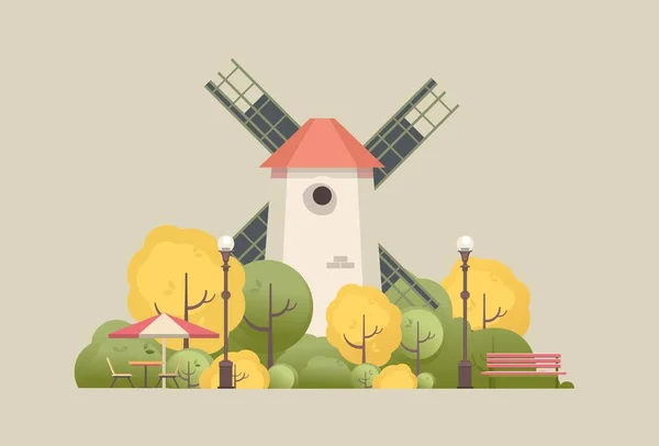 Vector Illustration Countryside Windmill Trees Park Recreation Benches Street Cafe — Stock Vector