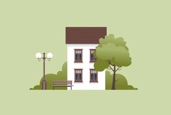 Vector illustration of a two-storey house with a small courtyard trees bench with a lantern in retro style on a plain background — Stock Illustration Vector Illustration Two Storey House Small Courtyard Trees Bench Lantern Royalty Free Stock Vectors