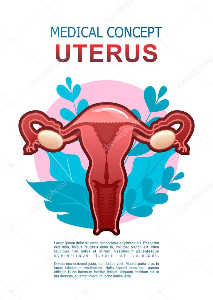 conceptual medical vertical poster on white background, icon of internal organ surrounded by leaves of microflora of the organism, health and treatment of diseases, female genitals uterus