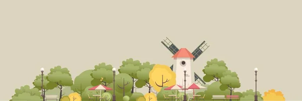 Vektor Illustration Landschaft Windmühle Zwischen Bäumen Park Für Erholung Bänke — Stockvektor