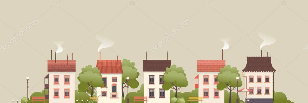 Vector illustration of a street with small cozy houses and courtyards with trees — Stock Illustration Vector Illustration Street Small Cozy Houses Courtyards Trees Royalty Free Stock Vectors