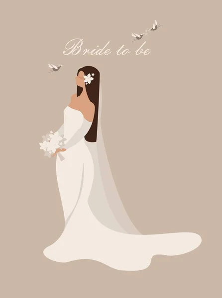 幸福的新娘 全长在一张垂直的卡片上 穿着漂亮的婚纱 站在侧面 手持一束鲜花 矢量招贴画 设计模板 — 图库矢量图片