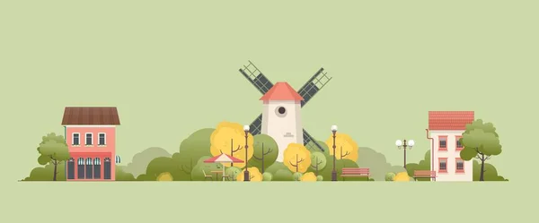 Vector illustration of a street with small cozy houses and courtyards with trees — Stock Illustration Vector Illustration Street Small Cozy Houses Courtyards Trees Stock Illustration