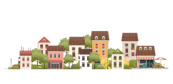 Vector illustration of a street with small cozy houses and courtyards with trees isolated on white background — Stock Illustration Vector Illustration Street Small Cozy Houses Courtyards Trees Isolated White Royalty Free Stock Vectors