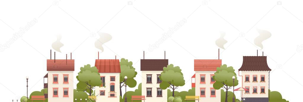 Vector illustration of a street with small cozy houses and courtyards with trees — Stock Illustration Vector Illustration Street Small Cozy Houses Courtyards Trees Stock Illustration