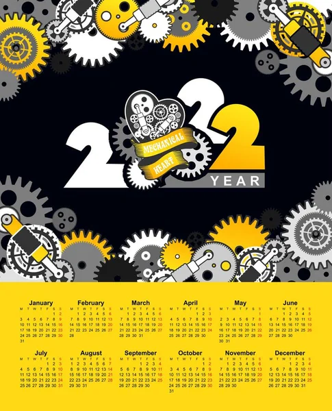 Calendario Vettoriale Verticale 2022 Inglese Ingranaggi Meccanici Stile Steampunk Parti — Vettoriale Stock
