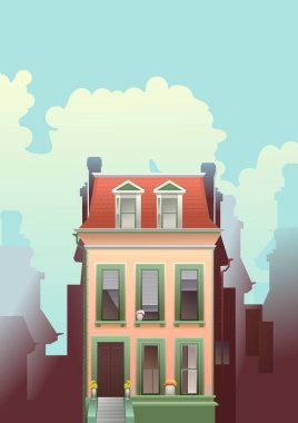 dikey retro poster iki katlı şehir binası ana girişi olan bir şehir caddesinde.