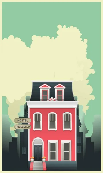 Dikey Retro Poster Iki Katlı Şehir Binası Ana Girişi Olan — Stok Vektör