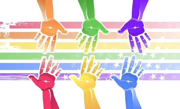 Hand Hand Regenbogenfarben Mit Nach Oben Gestreckten Handflächen Lgbt Und — Stockvektor