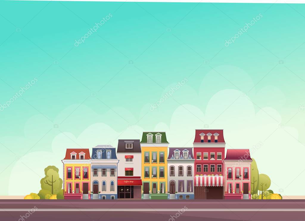 vector illustration, small town landscape panoramic view next to park area, trees and road with transport