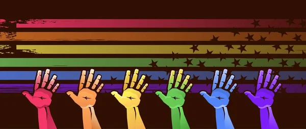 Ręka Tęczowych Kolorach Dłońmi Górze Koncepcja Parady Gejów Gejów Marsz — Wektor stockowy