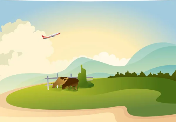 Horizontales Banner Vektorillustration Ländliche Landschaft Einem Heißen Sommertag Kühe Weiden — Stockvektor