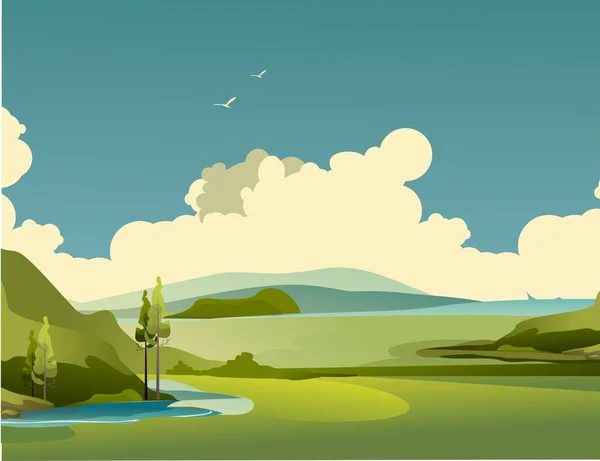 Landschaftspanorama Schöne Landschaft Eines Sonnigen Tages Wiese Und Wald Vektorillustration — Stockvektor