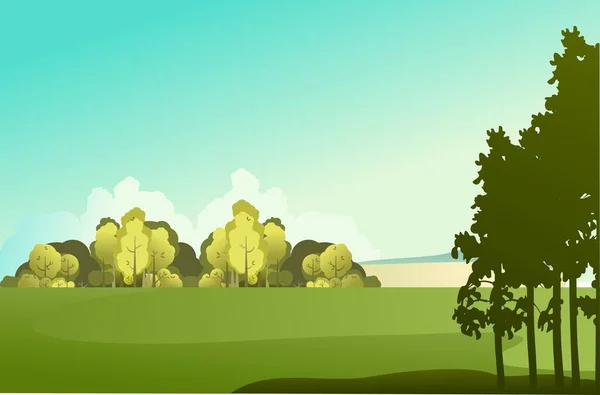 田舎のパノラマ 晴れた日の美しい風景 草原や森 ベクトル図 — ストックベクタ