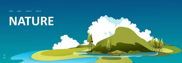 ホームランディングページのためのベクトルバナーテンプレート 丘と漫画野生の自然景観夏の牧草地 水平イラストデザイン — ストックベクタ