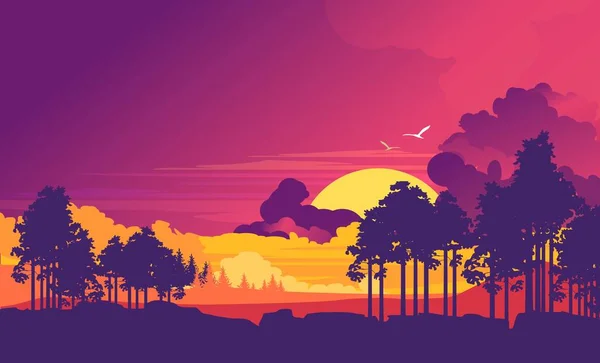Векторный Современный Баннер Минималистичный Пейзаж Вечерней Дикой Природы Заката Фиолетовых — стоковый вектор