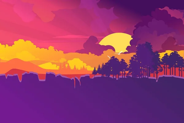 Векторный Современный Баннер Минималистичный Пейзаж Вечерней Дикой Природы Заката Фиолетовых — стоковый вектор
