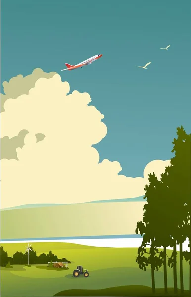 Вертикальный Ретро Плакат Сельский Пейзаж Выпас Коров Пастбище Летний Солнечный — стоковый вектор