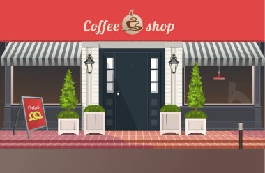 shop or coffee house building in flat vector illustration on a small city street. Urban landscape clipart