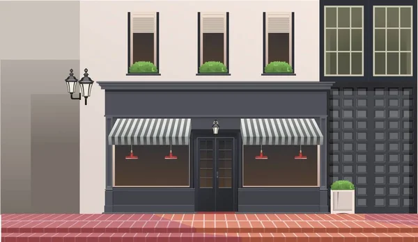 Loja Edifício Café Ilustração Vetorial Plana Uma Pequena Rua Cidade — Vetor de Stock