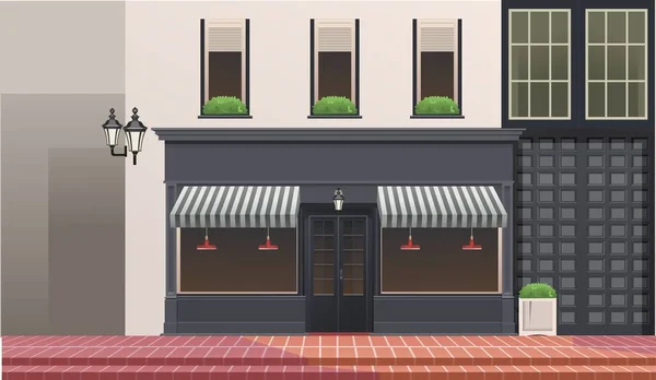 Winkel Koffiehuis Gebouw Platte Vector Illustratie Een Kleine Stad Straat — Stockvector