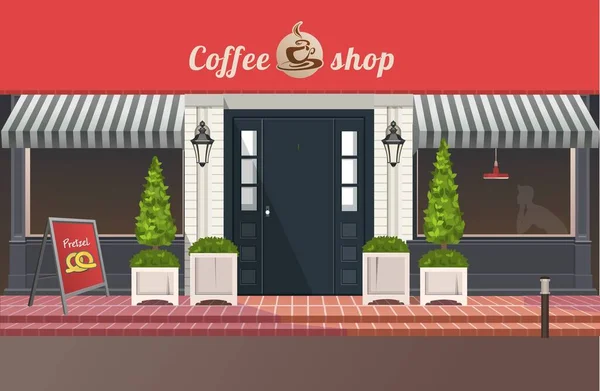 Edificio Tienda Cafetería Ilustración Vectorial Plana Una Pequeña Calle Ciudad — Vector de stock