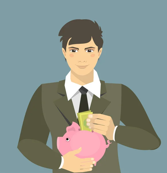 Man lays down the money in a piggy bank — Stock Vector