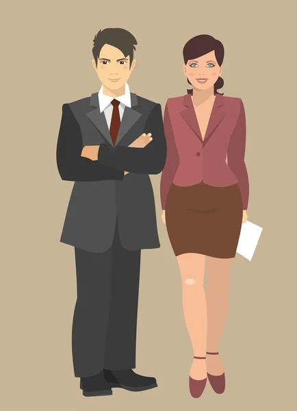 Joven hombre de negocios y mujer de negocios de pie — Vector de stock