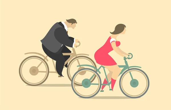 Young happy man and woman riding bicycle — Stock Vector