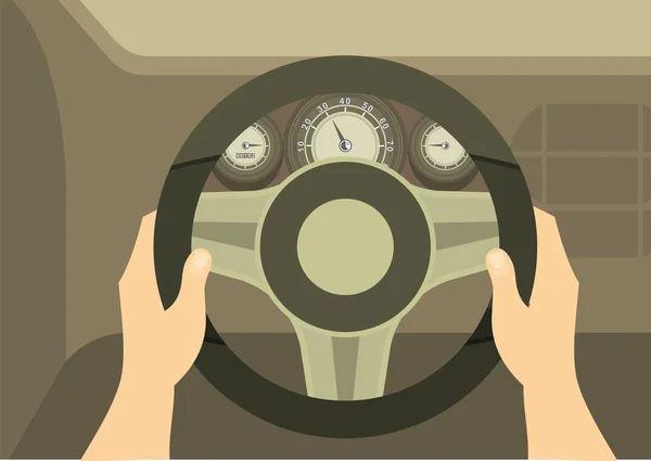 Manos del conductor en el volante de un coche — Vector de stock