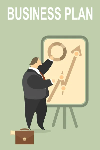 Affärsman som pekar på en bräda på en presentation — Stock vektor