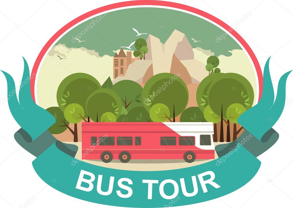 Label depicting nature landscape mountains and rides the bus