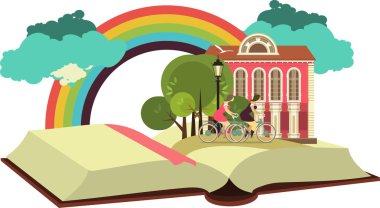 Bir bisiklet üzerinde bir gezgin ile açık kitap
