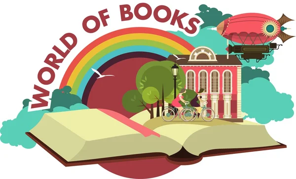 Viaje de libro abierto a fabulosos mundos emblema — Vector de stock