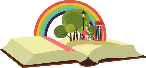 Open book with a traveler on a bicycle — Stock Vector